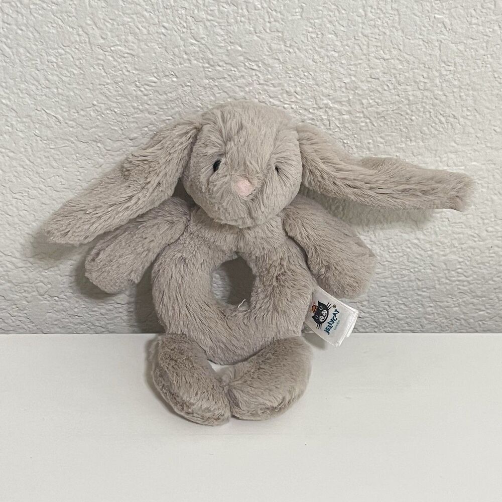 Jellycat Bashful Bunny Ring Rattle Rabbit Plush Lovey Toy Grabber Beige 7''